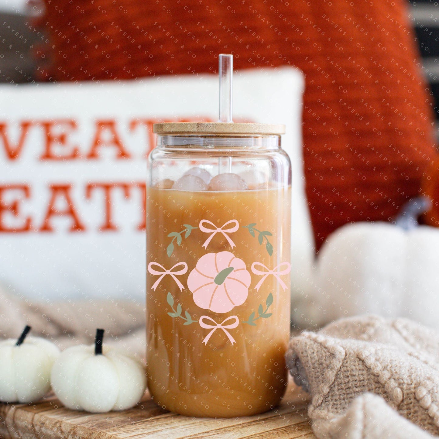 16oz Fall Girl Pink Pumpkin Glass Cup with Bamboo Lid & Straw #100175