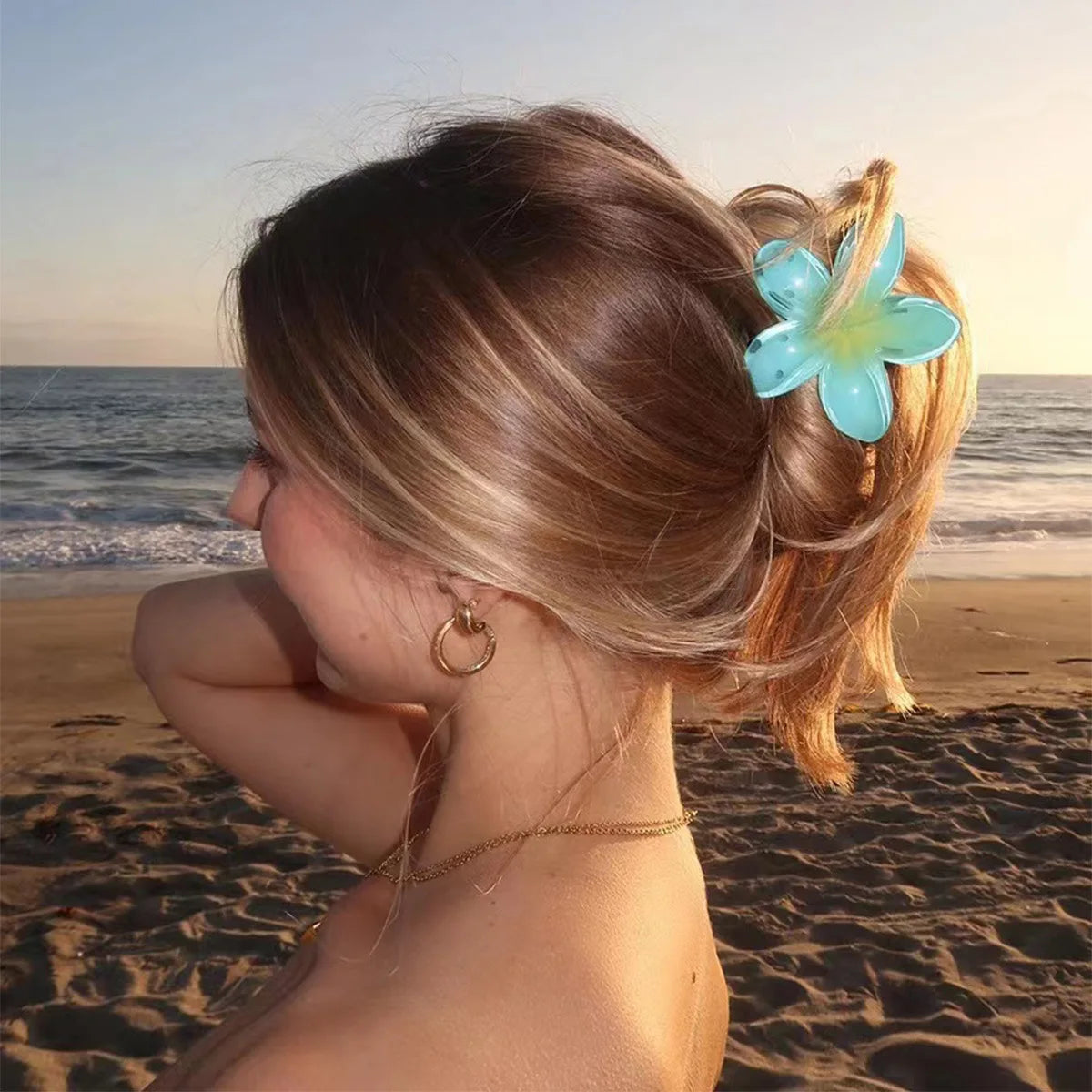 Women Fashion Summer Beach Flower Claw Clip Long Hair Shark Clip Girls Barrettes Ponytail Holder Gradient Color Hair Accessories