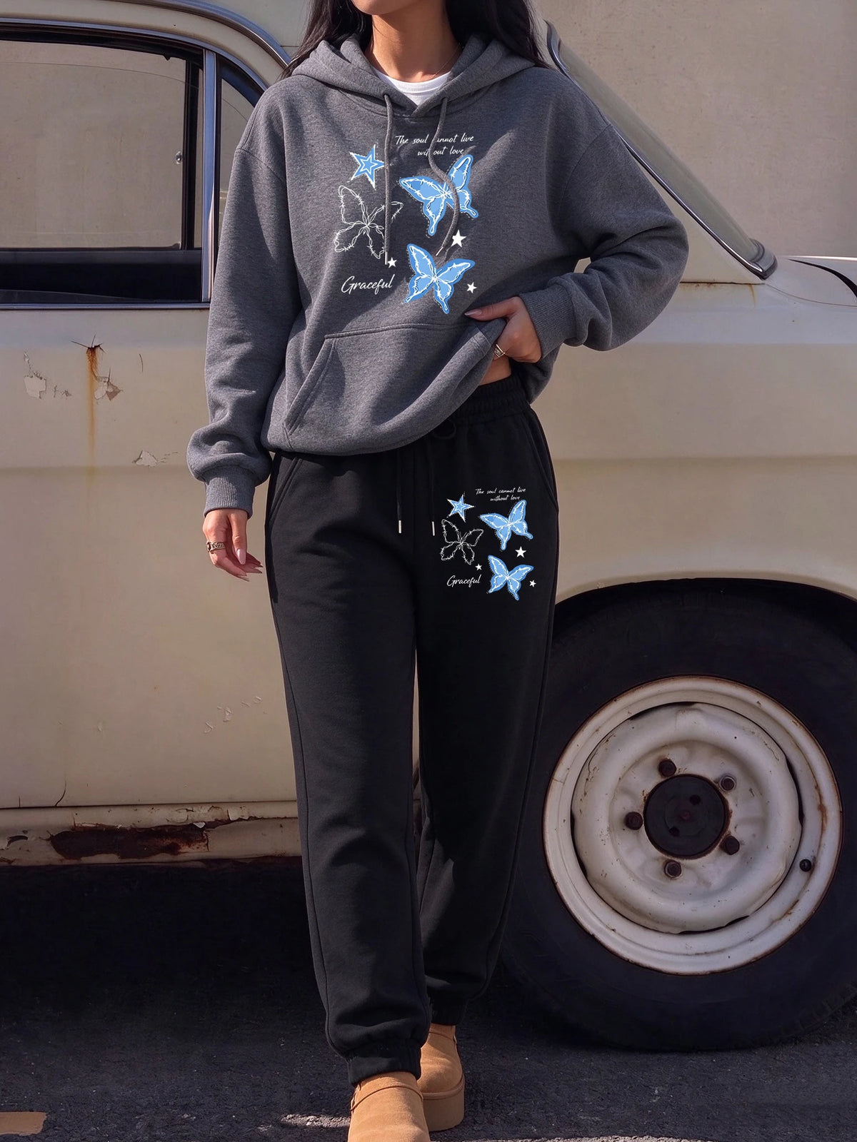 Blue Butterfly Star Printed Womens Pocket Jogging Hoodie Set Street Loose Sweatpants Fleece Casual Clothing Sports Pullover