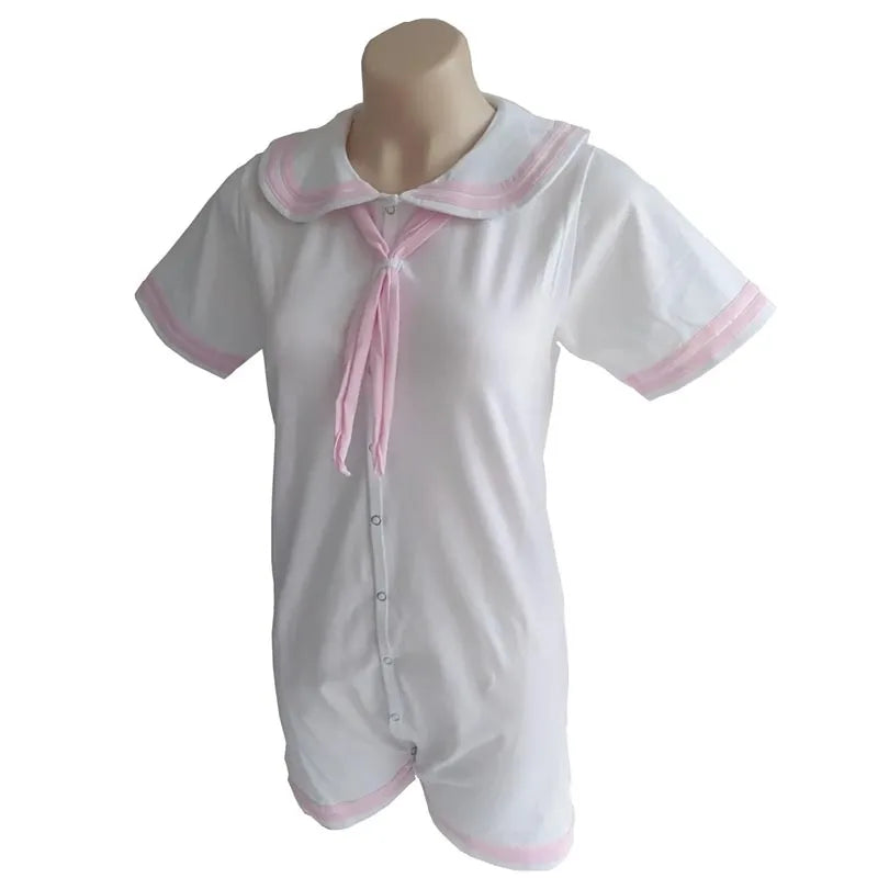 White Pink Cute Girl Sailor Bodysuit Adult Baby Romper With Snaps Soft Comfortable Onesie ABDL Clothes Couple Home Playsuits