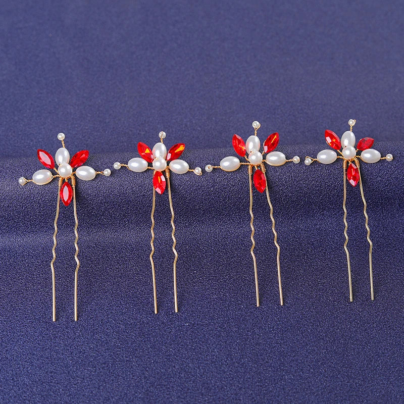 Red Trendy Crystal Hair Pin For Women Party Rhinestone Pearl Hair Clip Pin Bridal Wedding Hair Accessories Jewelry Hairpin Gift