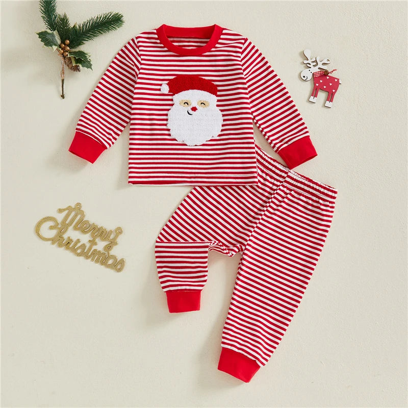 Baby Girl Boy Christmas 2pcs Outfit Striped Santa Embroidered Sweatshirt  Pants Set Toddler Clothes