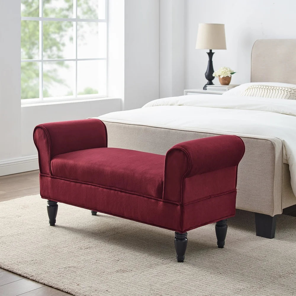 Stylish Upholstered Bench Living Room Bedroom Entryway Cushioned Seating Dark Mahogany Legs Rolled Sides Indoor Use Assembly