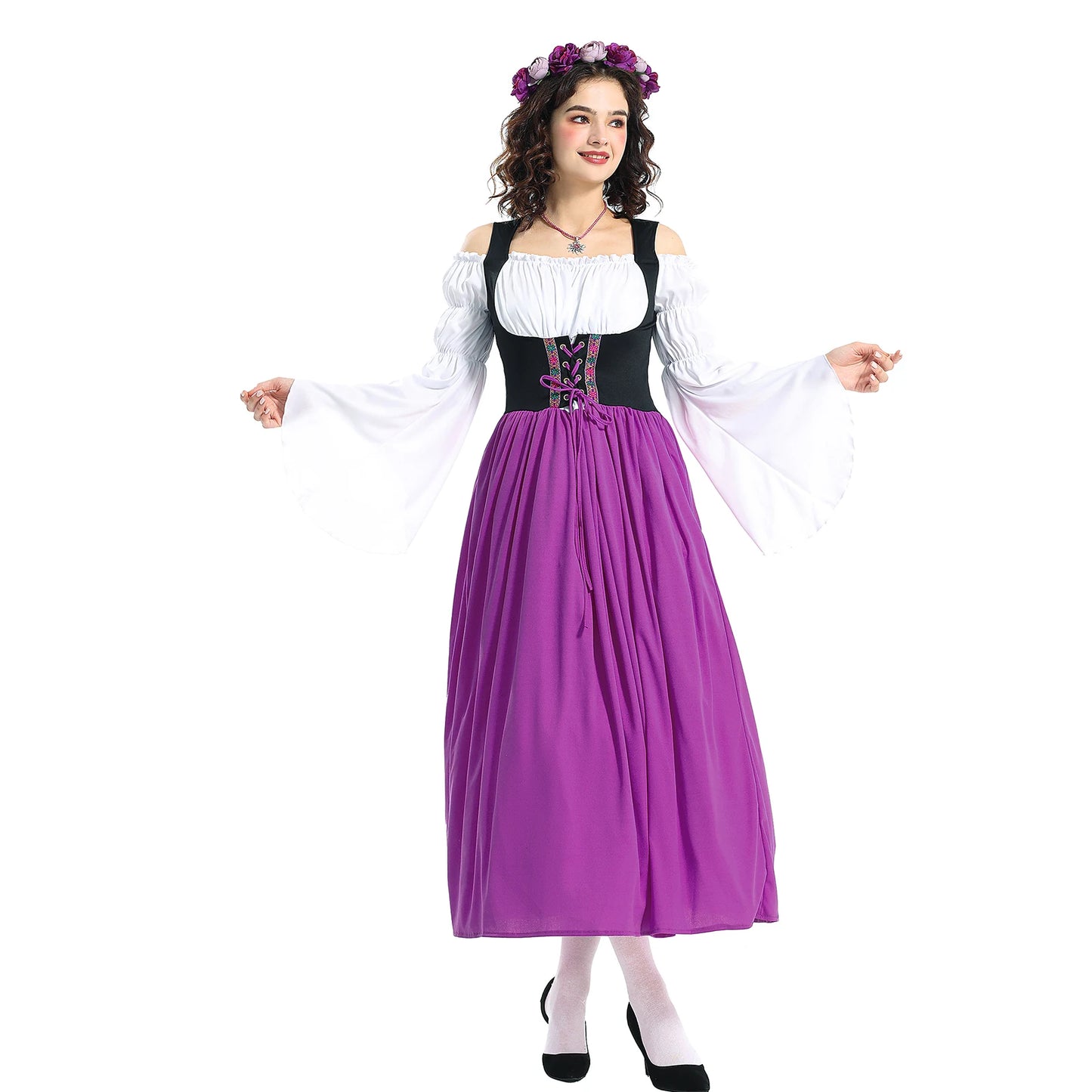 Vintage Halloween Women Maid Outfit Long Sleeve Cold Shoulder Patchwork Long Dress with Hair Scarf Cosplay Costume