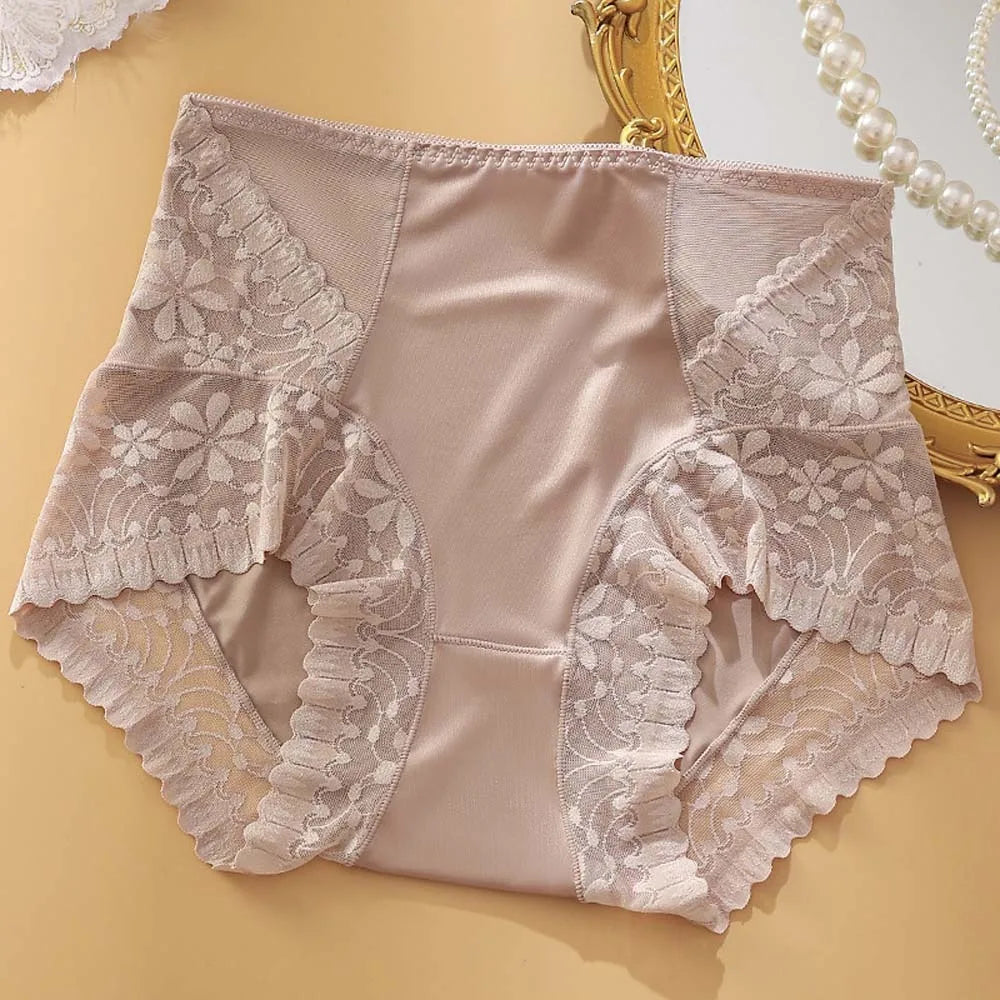 Satin Women Silk Panties Lingeries Belly Contracting Plus Size Briefs High Waist Solid Color Ice Silk Lace Underpants Girls