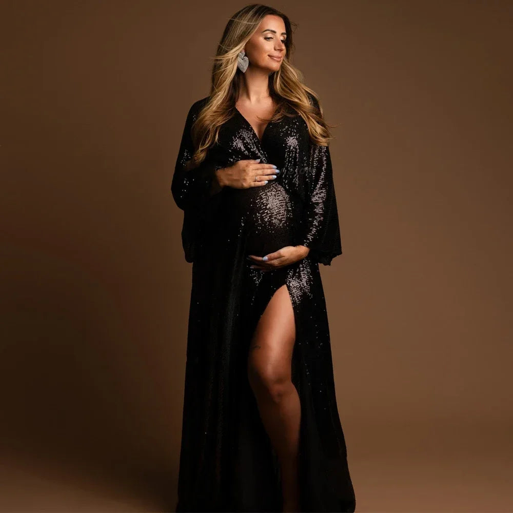 V-neck Sexy Maternity Gown Photo Shooting Dress Sequined Transparent Side Slit Pregnancy Photography Baby Shower Clothes