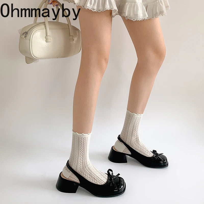 2025 New Summer Thick Heel Women Sandals Elegant Butterfly-knot Ladies Slip On Singbacks Dress Shoes