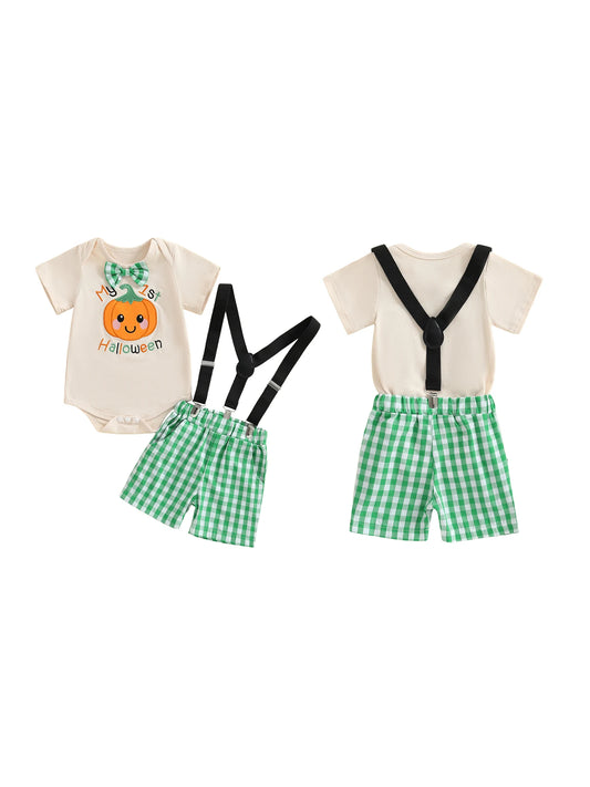 Cute Toddler Halloween Costume Pumpkin Patchwork Long Sleeve Romper with Checkered Suspenders Pants 2 Piece Set for Boys