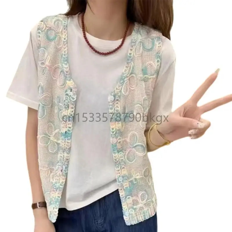 Summer Elegant Crochet Knit Flower Sleeveless Button Up Vest Cardigan for Women J78E
