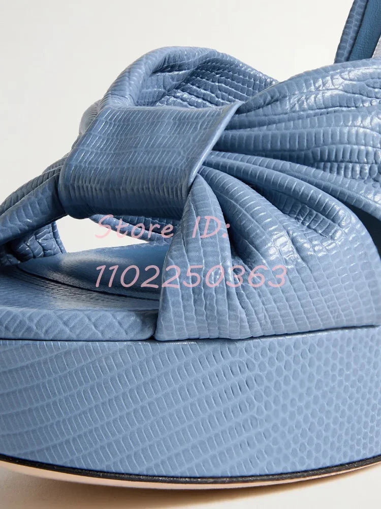 Platform Blue Knotted Straps High Heel Sandals Round Toe Back Buckle Strap Chunky Elegant Pumps 2025 Women Dress Modern Shoes