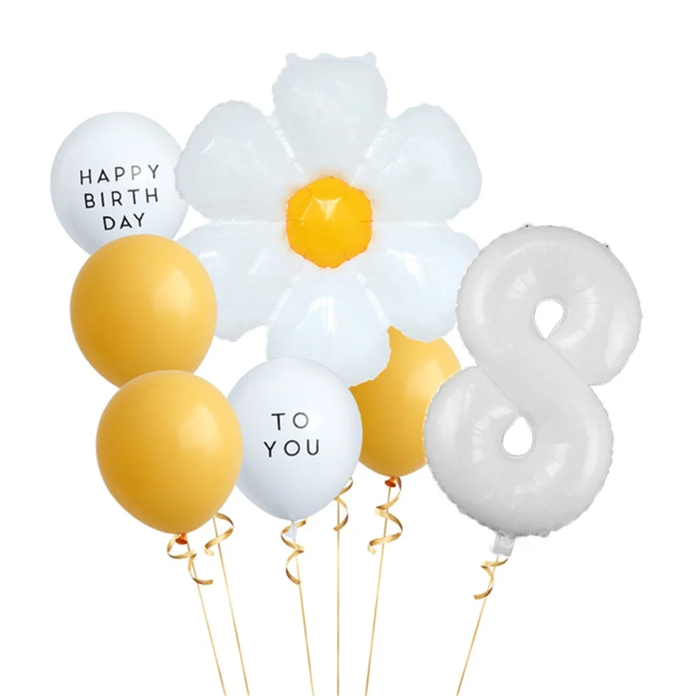 8pcs White Daisy Balloon Set With 32inch 1-9 White Number Ballon For  Daisy Themed Birthday Party Decor Kids Toys Helium Globos