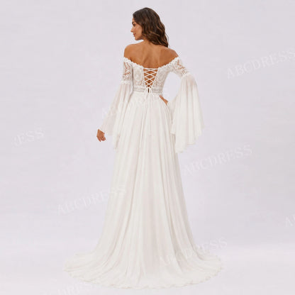 ABCDRESS Customized Elegant Lace Applique Bridal Gown Chiffon A-Line Wedding Dresses Sheer Long Bell Sleeves Lady Dress