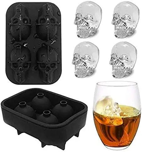 Skull Mold DIY 3D Easy Release Silicone Ice Mold 4 Skulls，for Christmas，Halloween Decor， Whiskey, Cocktails,Gift For Dad(Black)