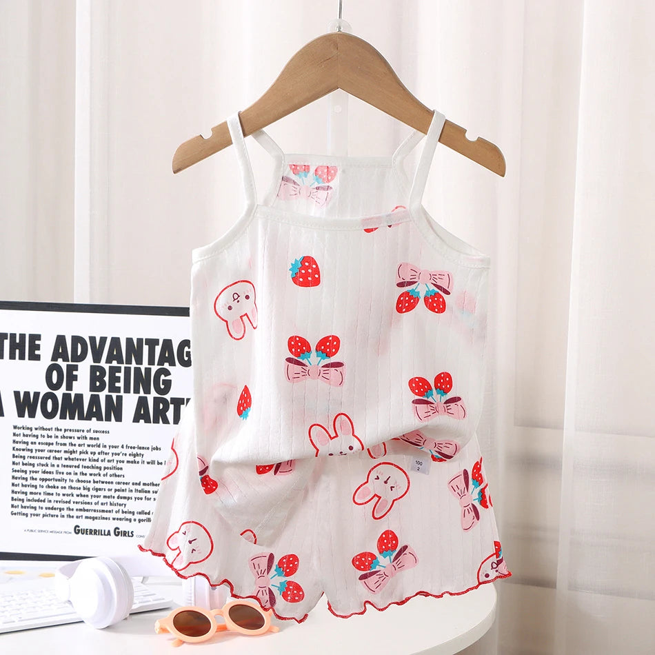 Summer Girls Sleeveless Children's Pajamas Sets Strap Sleepwear Pants Skirt Thin Kids Baby Loungewear Set Children's Top Clothes