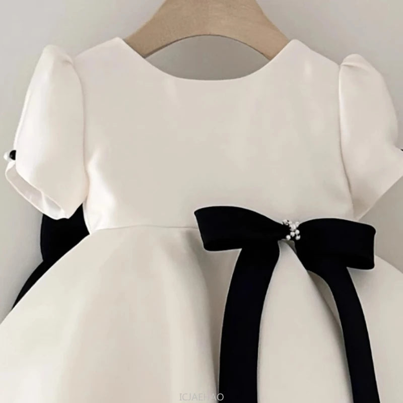 Elegant Princess Baby Girl Satin 1st Birthday Dress Wedding Flower Girl Princess Gown Black White Classic Party Outfit Clothes