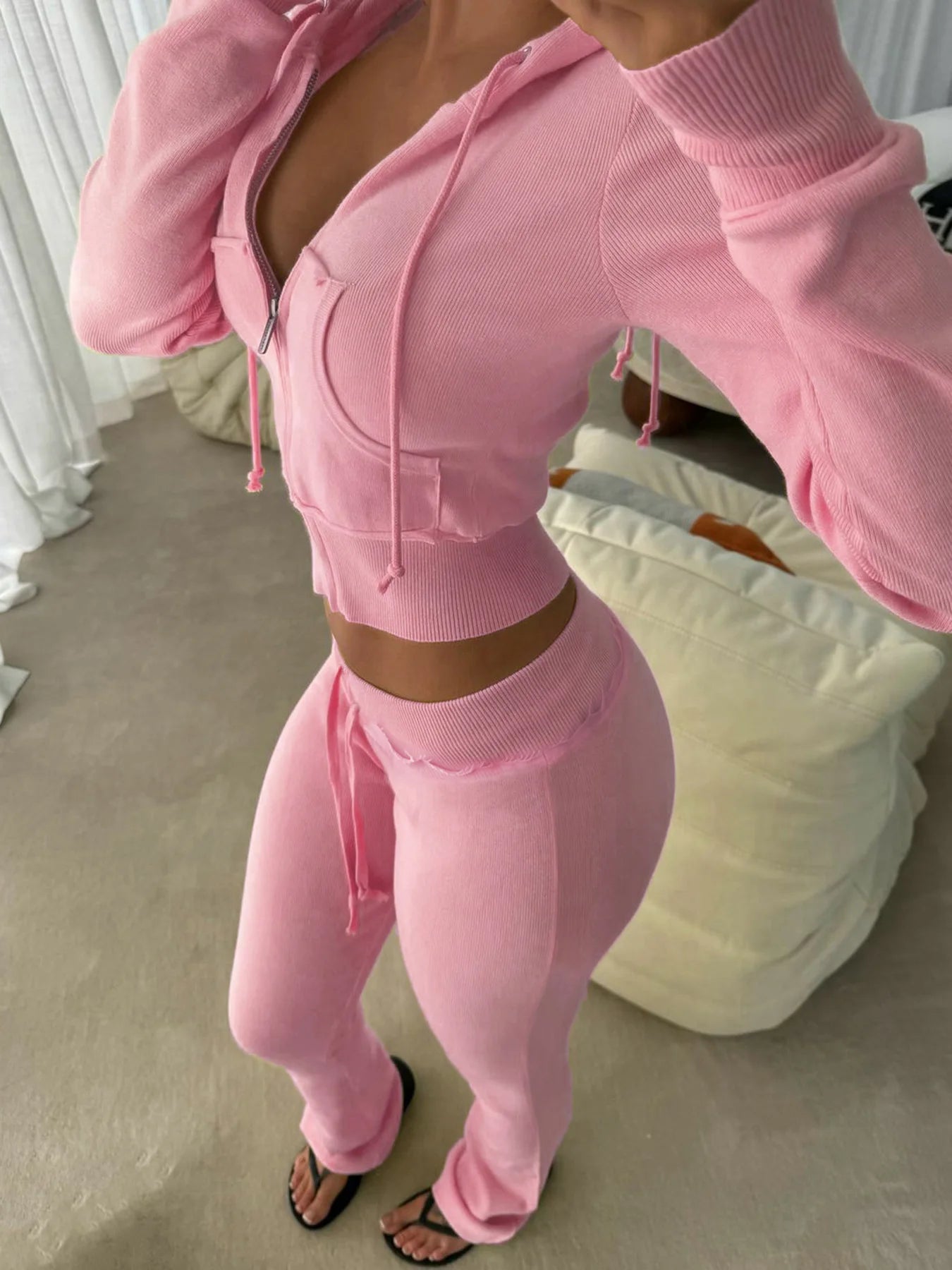 Women's Casual Suit with Brushed and Contrasting Straps Design, Hooded Long Sleeved Cardigan, Slightly Flared Long Pants