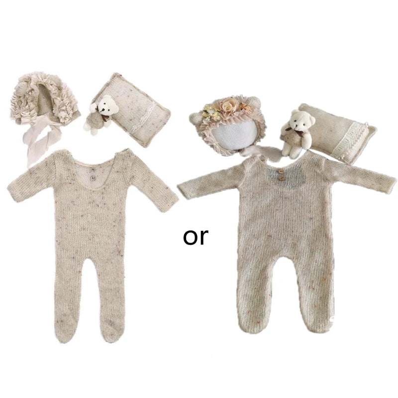 4 Pcs/Set Baby Clothes Newborn Photography Props Baby Romper Jumpsuit Hat Pillow Set With Cute Bear Doll Photo Shooting Outfits