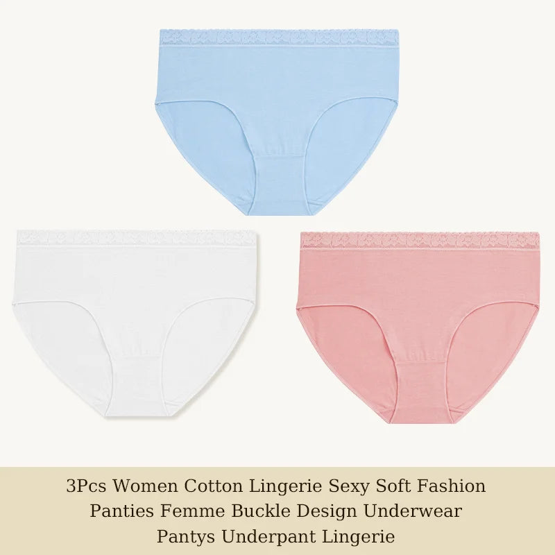 3Pcs Women Cotton Lingerie Sexy Soft Fashion Panties Femme Buckle Design Underwear Pantys Underpant Lingerie Lace Intimates S-XL