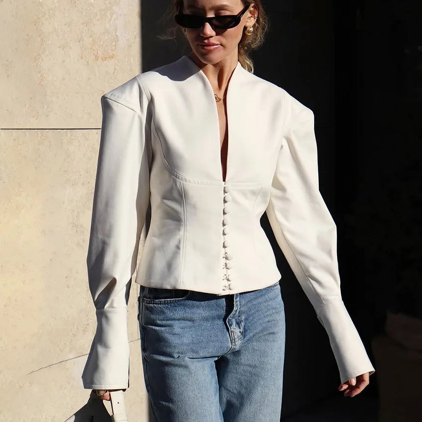 2025 Autumn New Waist-closed Blazer Coat Women's V-neck Long Sleeve Buttons Slim Short Coat Fashion Office Lady Blazer