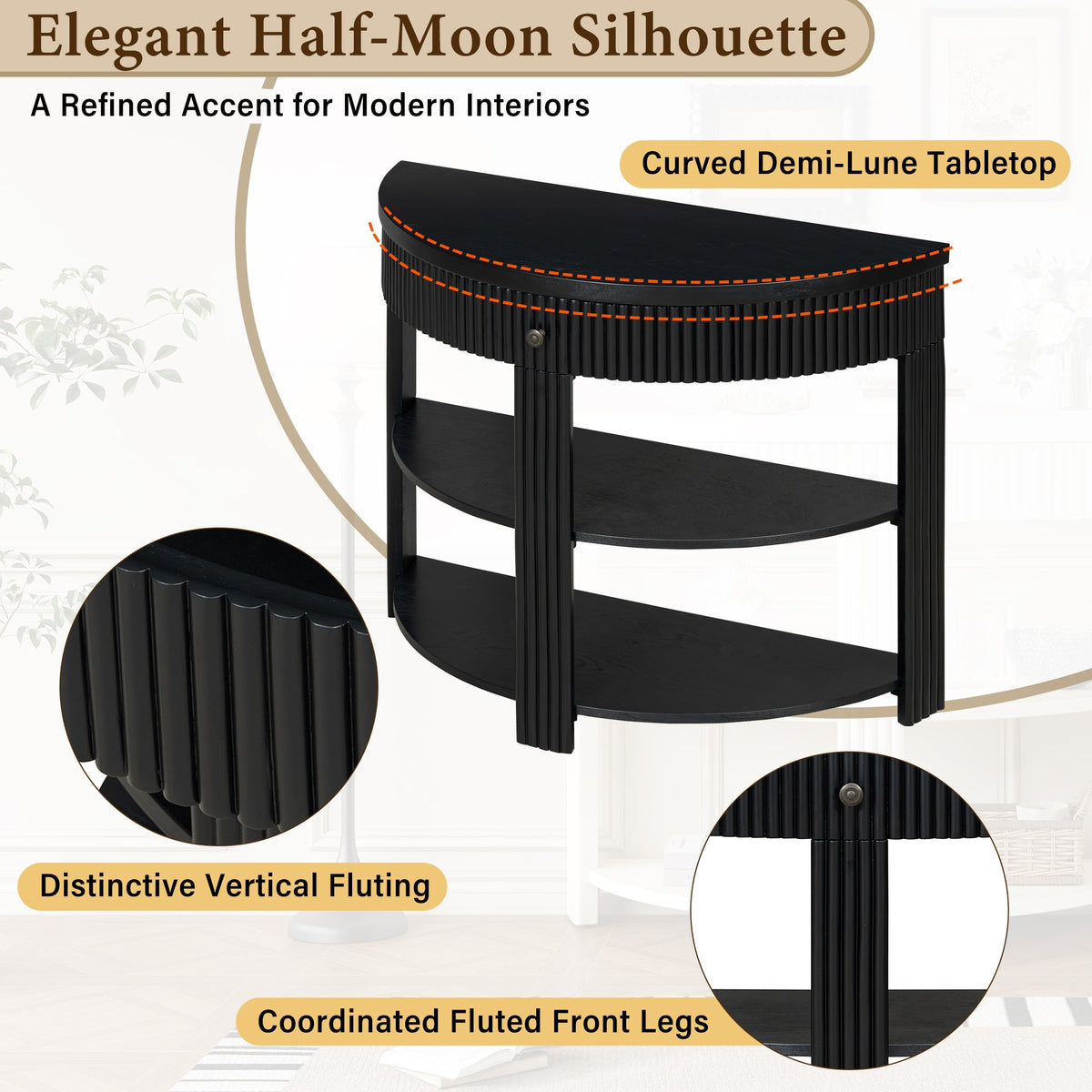 Fluted Half Moon Console Table with Drawer and 2 Shelves for Entryway,