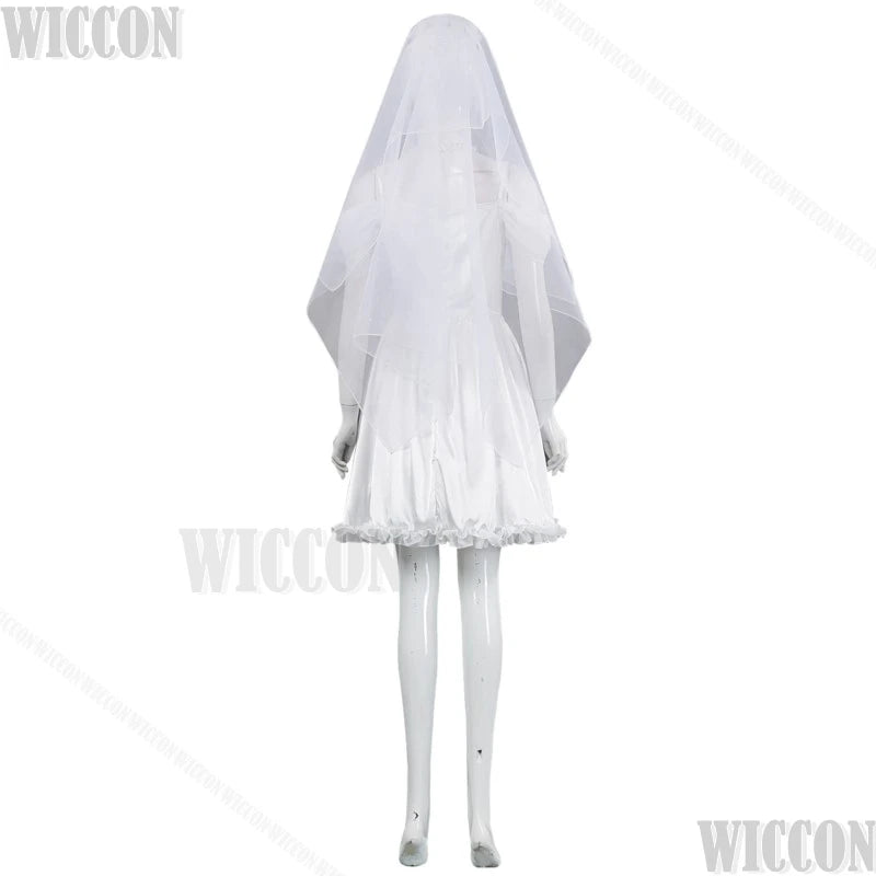 Corpse Bride Anime Emily Cosplay Fancy Outfit Gothic Clothes White Wedding Dress Veil Blue Wig Withered Garlands Prop Halloween