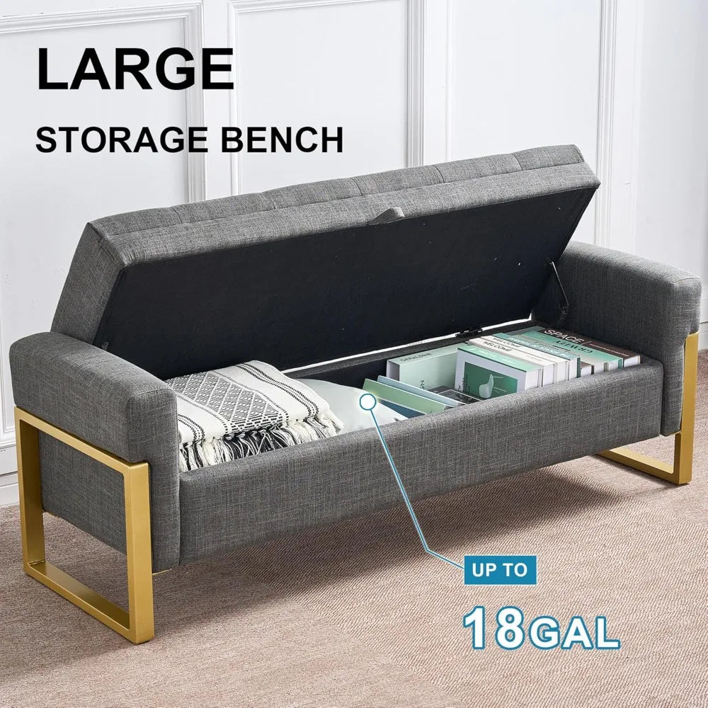 Storage Ottoman Bench, Upholstered PU Leather End of Bed Bench with Tufted Button&Gold Metal Legs for Bedroom