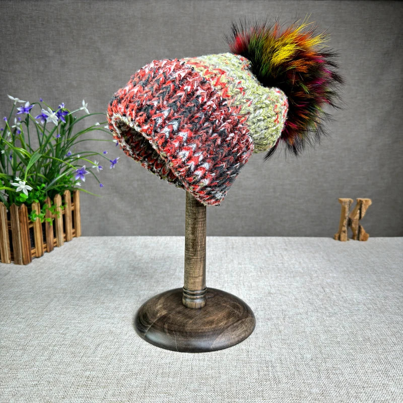 Autumn and winter colorful wool blend women's warm real fox fur ball hat European and American travel Christmas fashion