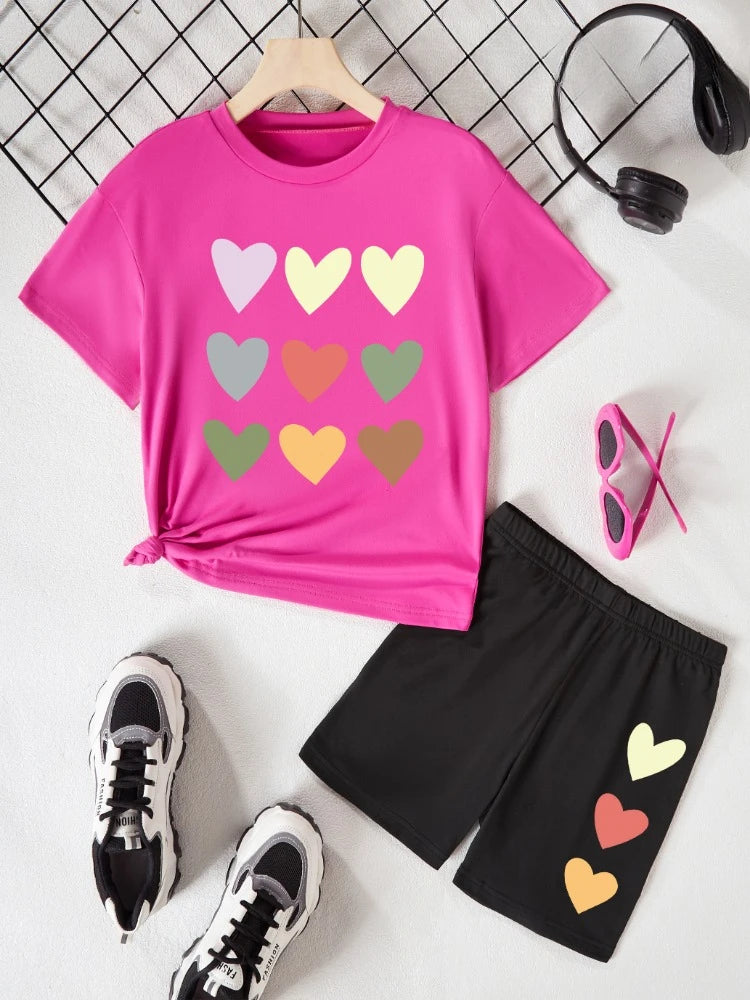 Summer Baby Girls Clothes Set Kid Sweet Heart Printed T-shirts and Shorts 2 Pieces Suit Children Short Sleeve Tracksuits