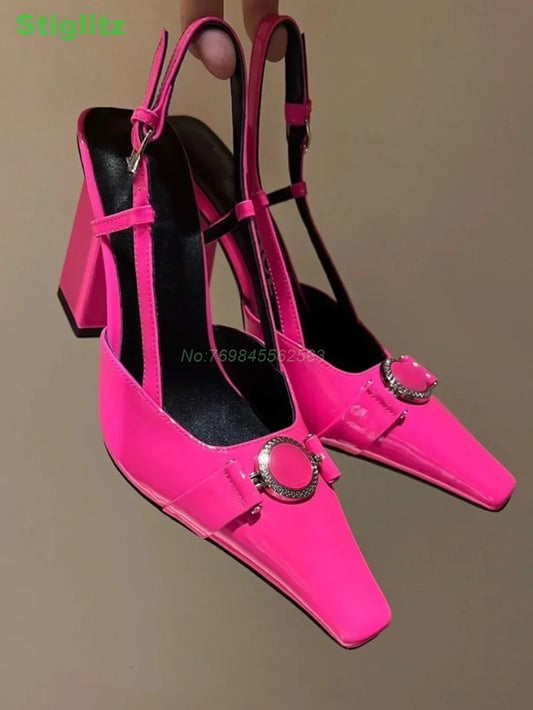 Sexy Slingback solid Sandals Metal Decoration Square Toe Chunky Shallow 2024 Summer Women Luxury Shoes Pink Purple Large Size