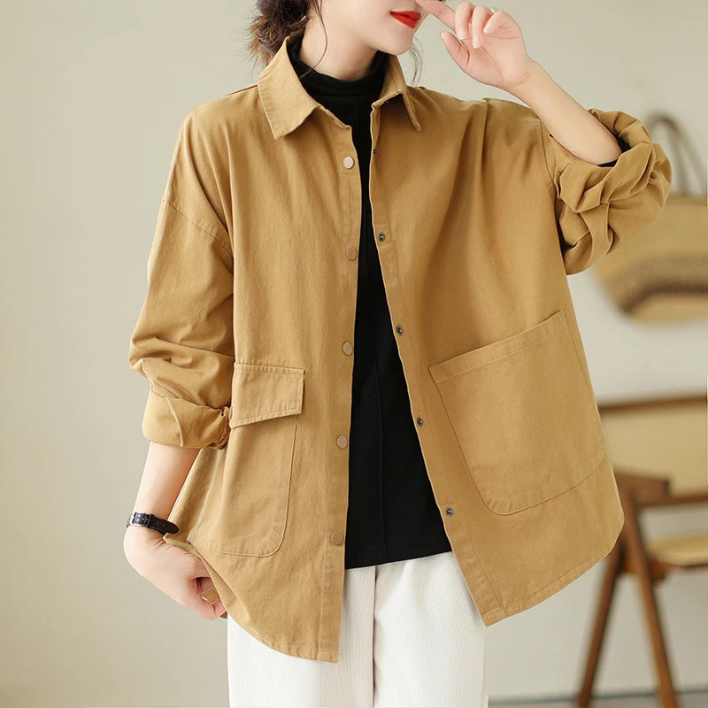 Cotton Linen Jacket Women Loose Thin Casual Trench Coat Korean Fashion Autumn Long-sleeved Shirt Oversize Blouse Camisa Feminina