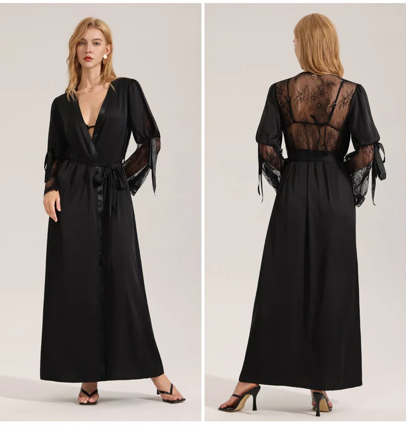Fashion Sexy Long Robe Women Sleepwear Home Dressing Gown Patchwork Perspective Lace Lingerie Negligee Loose Bathrobe Loungewear