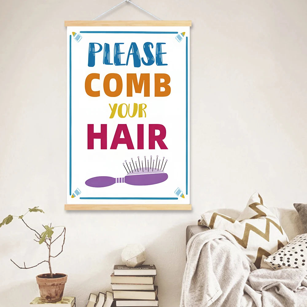 Solid Wood Hanging Scrolls Colorful Bathroom Quote Wall Art Prints - Brush Your Teeth, Flush The Toilet, Wash Your Hands Cardsto