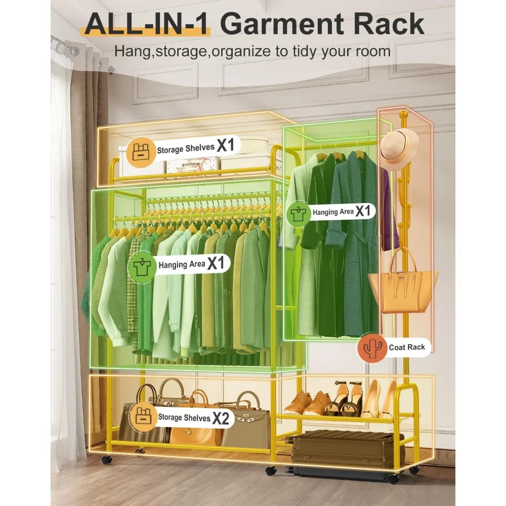 Heavy Duty 3-in-1 Portable Garment Rack with Coat Hooks and Shelves, Holds 620lbs