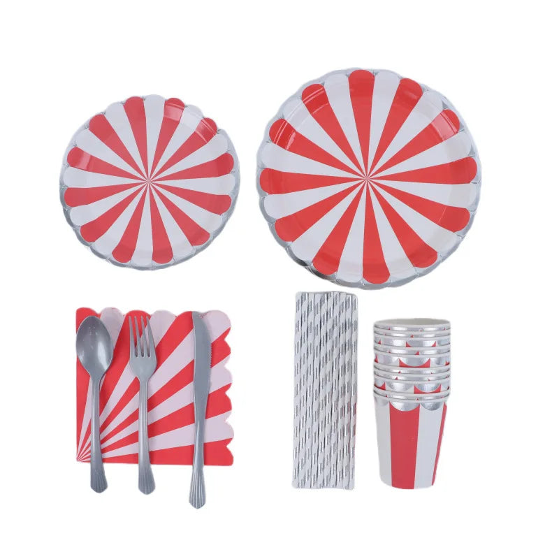 Red White Silver Striped Disposable Tableware Set Circus Birthday Party Decor Plates Cup Tablecloth Napkin Knives Forks Supplies