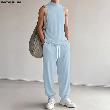 INCERUN Men Sets Solid Color Turtleneck Sleeveless Tank Tops Pants Two Piece Sets Streetwear Casual Men Matching Sets Tracksuits