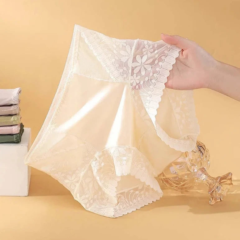 Satin Women Silk Panties Lingeries Belly Contracting Plus Size Briefs High Waist Solid Color Ice Silk Lace Underpants Girls