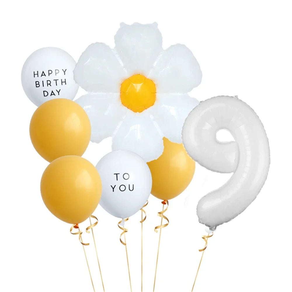 8pcs White Daisy Balloon Set With 32inch 1-9 White Number Ballon For  Daisy Themed Birthday Party Decor Kids Toys Helium Globos