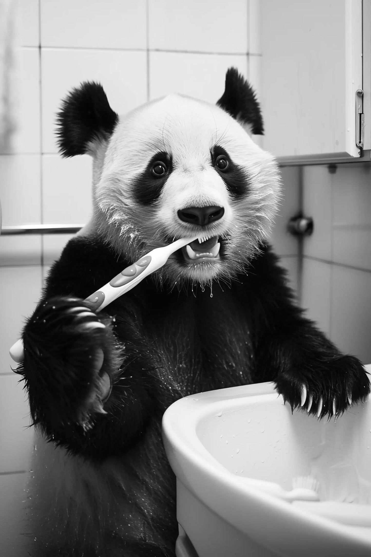 Black And White Cartoon Abstract Cute Animals Duck Hippo Panda Alpaca Brush teeth Posters Canvas Prints Art Home Room Wall Decor