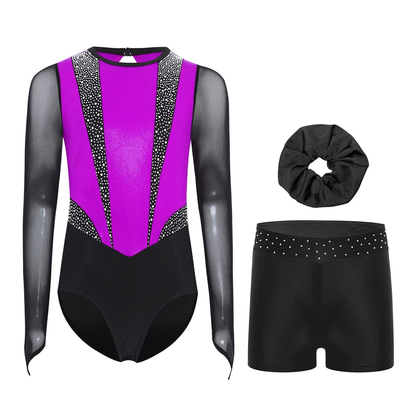 Kids Girls Ballet Gymnastics Sets Sports Tracksuit Figure Skating Dancewear Long Sleeves Rhinestones Leotard with Shorts Suit
