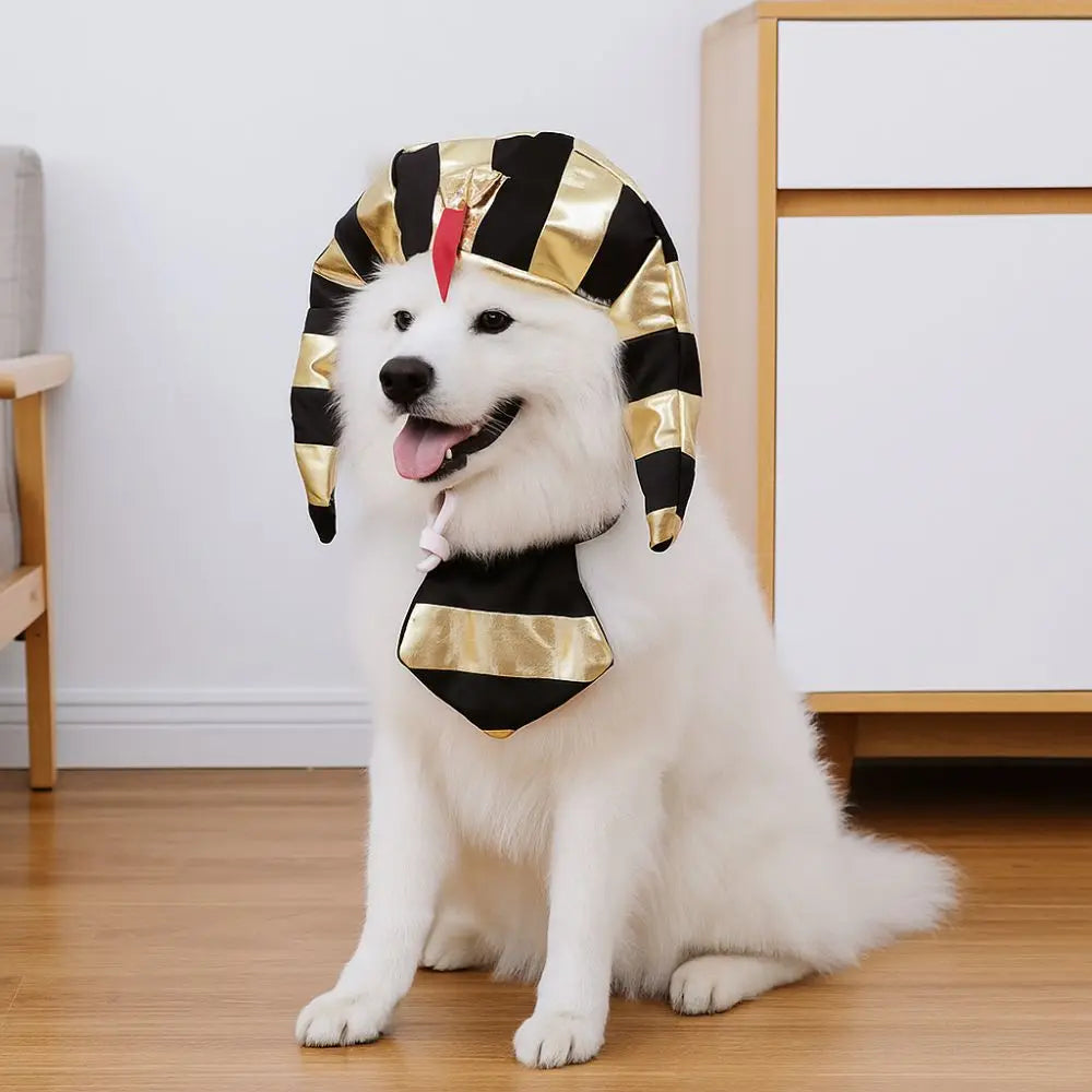 Cute Pet Egyptian Pharaoh Hat Breathable Comfortable Cat Golden Pharaoh Hat Adjustable with Bib Pet Cosplay Costume