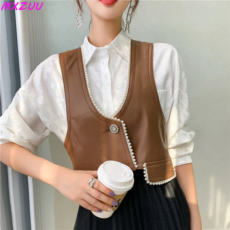 Sleeveless Leather Jacket Spring Autumn Women Real Sheepskin Pearls Decoration Slim Black/Coffee Short Vest Trend Chaleco Mujer
