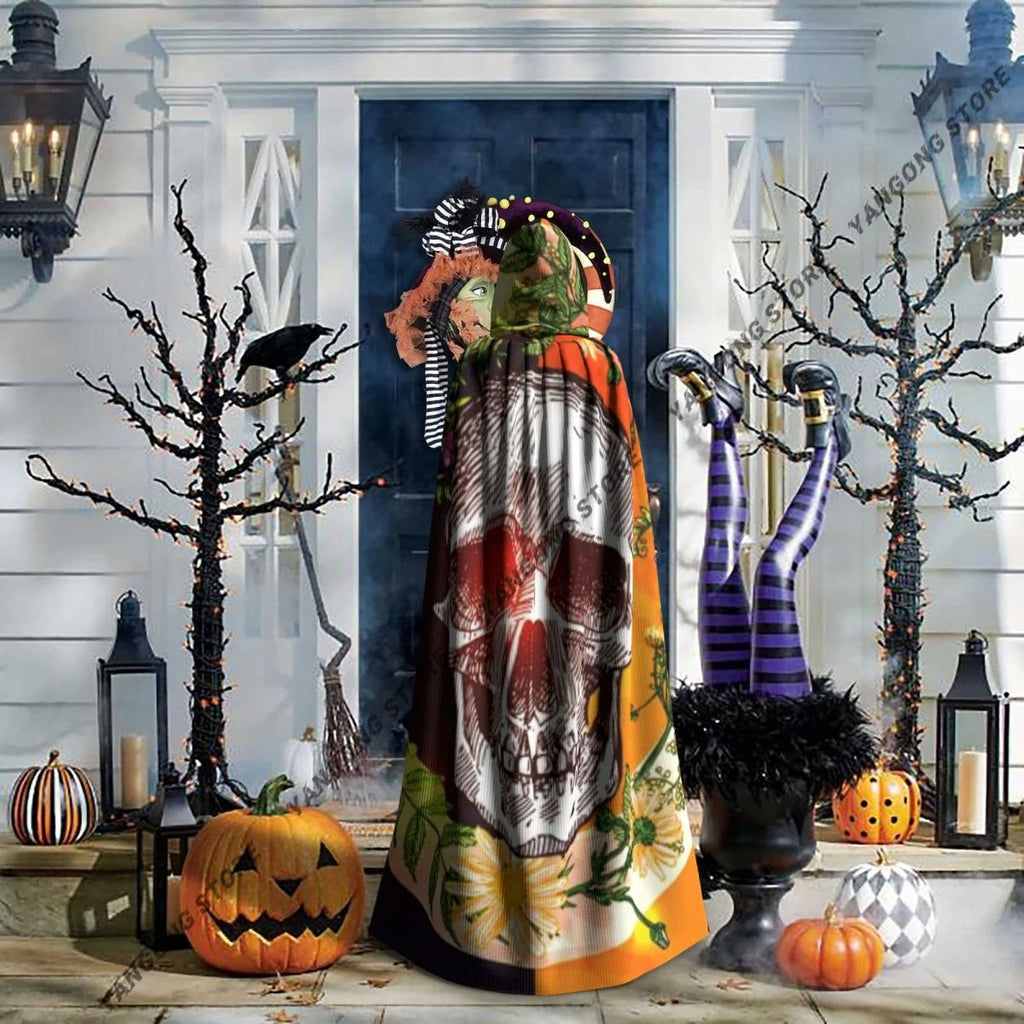 Boho Style Skull And Flowers Hooded Cloak Coat Halloween Cosplay Costume Vampire Devil Wizard Cape Gown Party