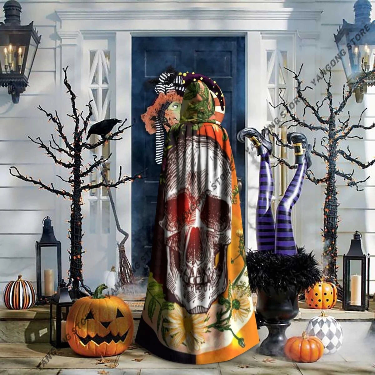 Boho Style Skull And Flowers Hooded Cloak Coat Halloween Cosplay Costume Vampire Devil Wizard Cape Gown Party
