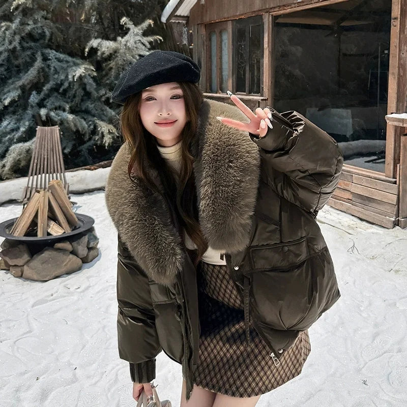 Winter Women Down Cotton Coat Street Imitation Fur Collar Hooded Short Cotton Padded Jacket Female Basic Snow Warm Overcoat 2025