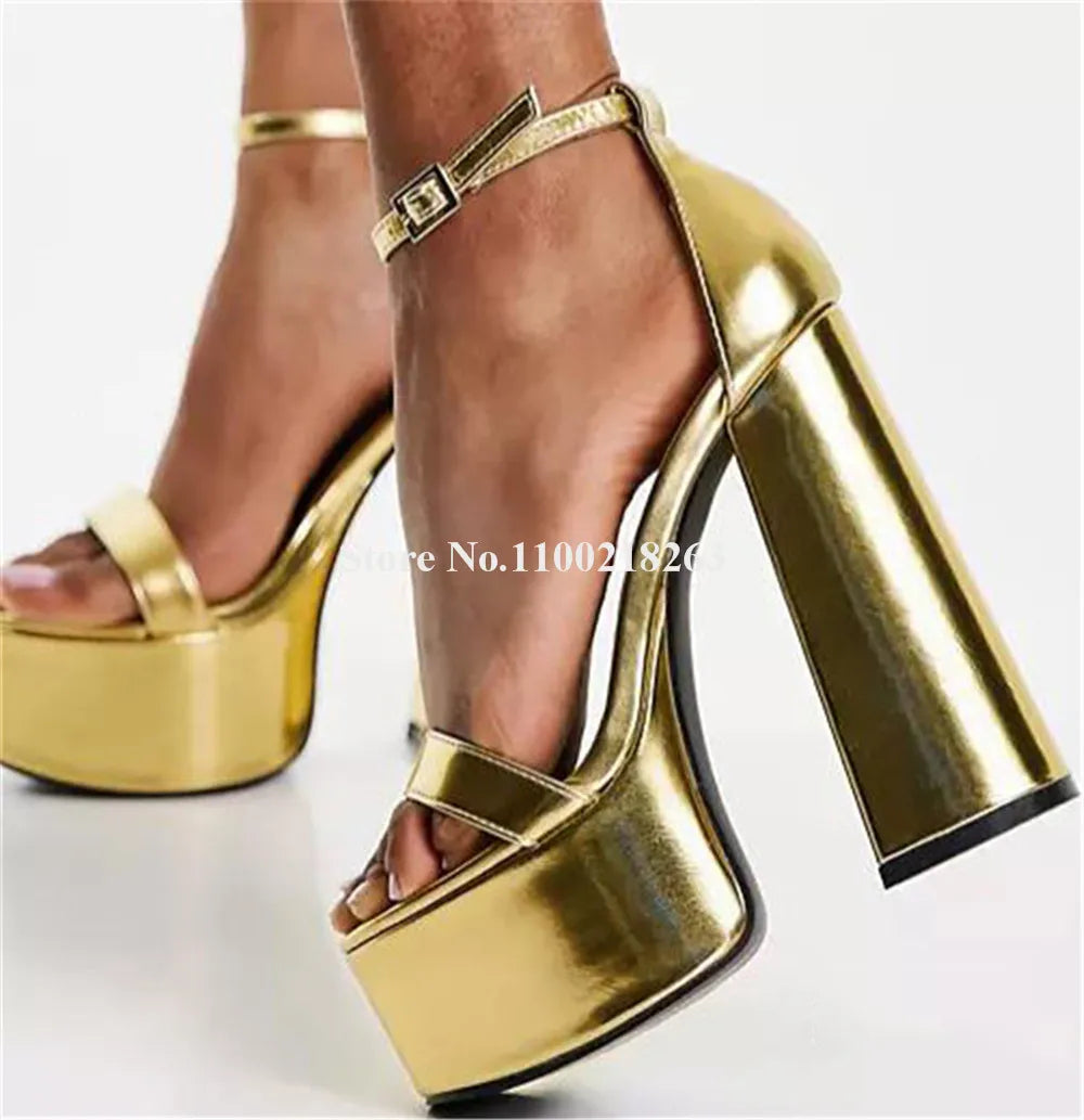 Ladies Sexy High Platform Block Heel Sandals Open Toe Gold Black Brown Patent Leather Chunky Heel Dress Shoes Party Pumps