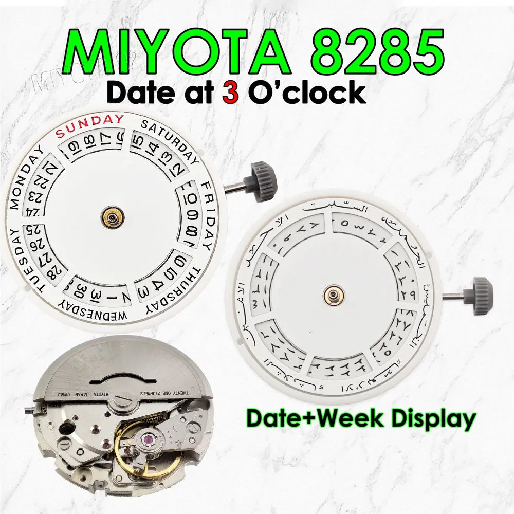 MIYOTA 8285 Movement Men's watch Replacement parts mods white Double date Automatic mechanical movement 21 Jewels 3/12 o'lock