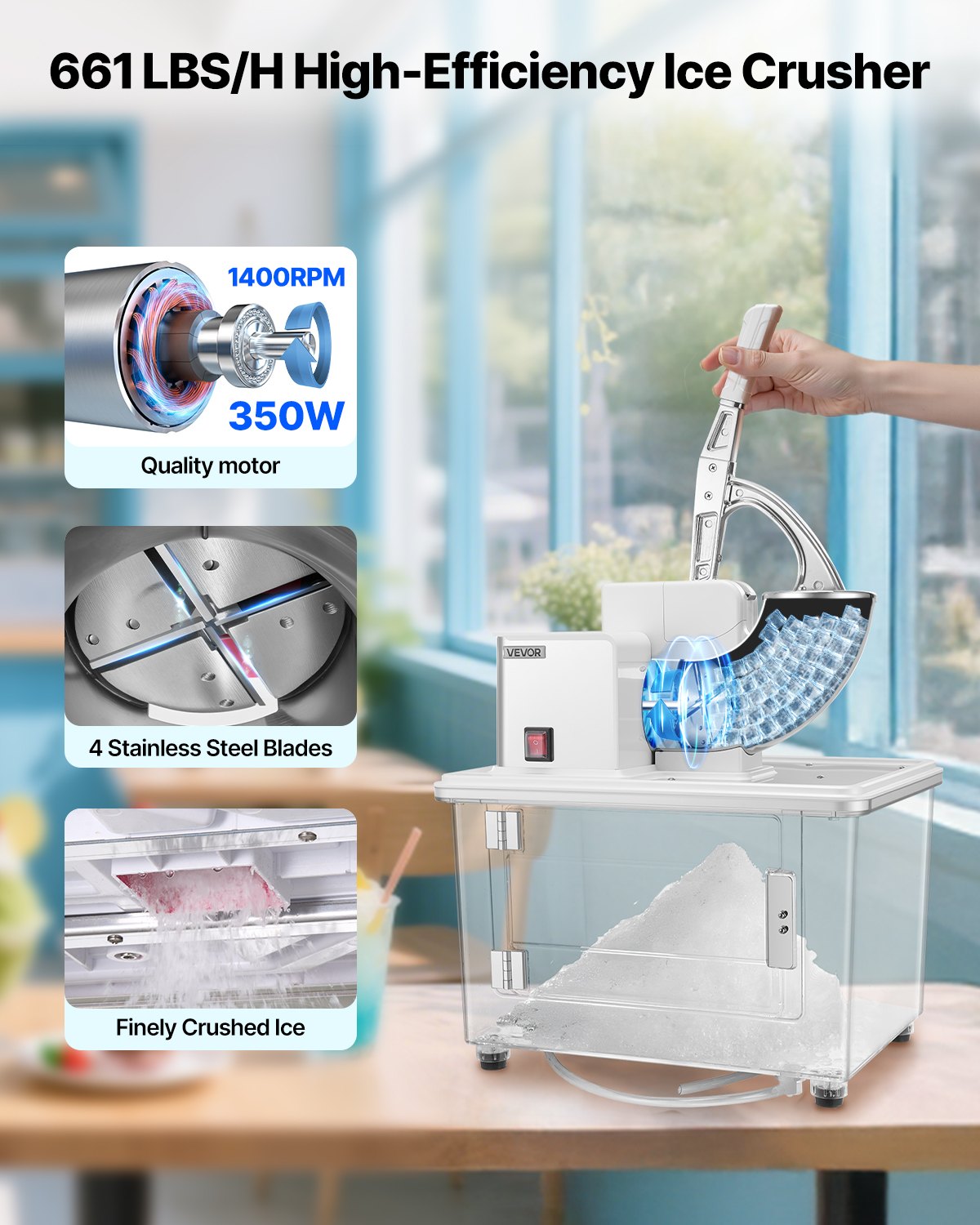 Commercial Ice Crusher 661LBS/H Electric Snow Cone Maker Shaved Ice