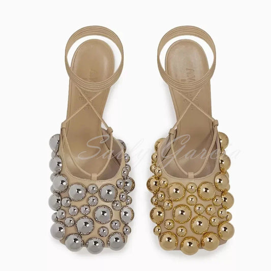 Gold Silver Studs High Heel Sandals Women Square Toe Beaded Stiletto Heel Lace Up Ankle Strap Evening Embellished Dress Shoes