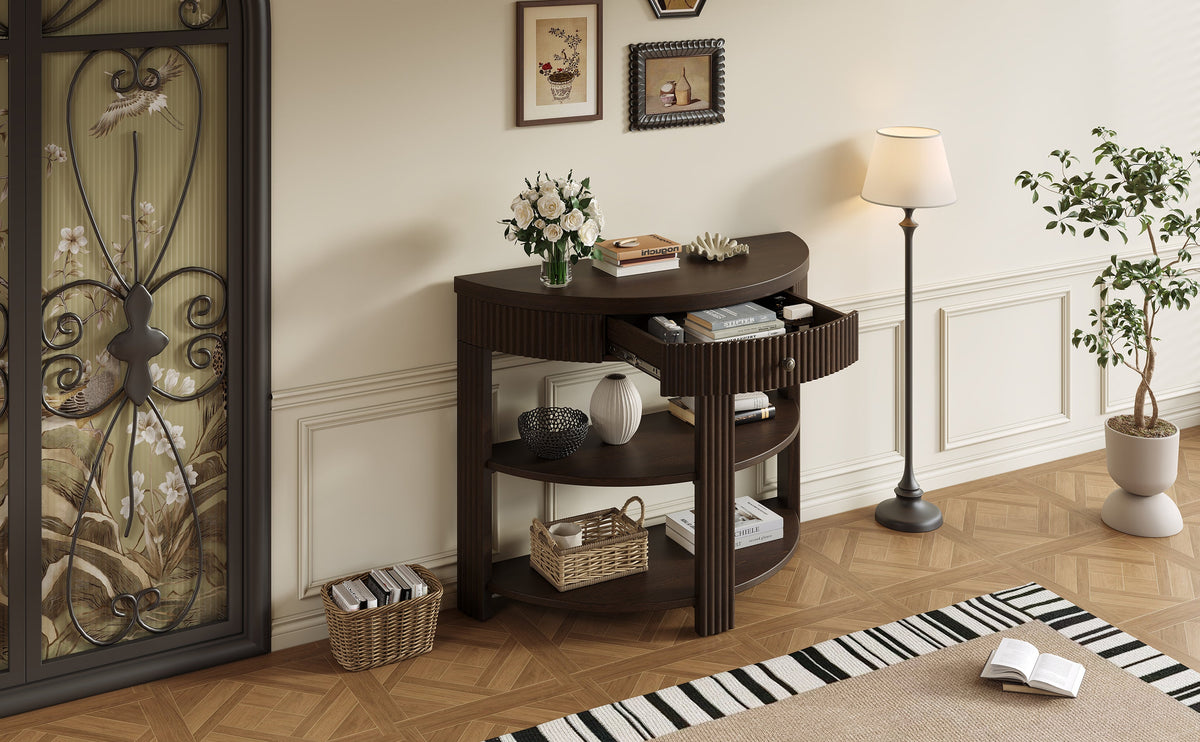 Fluted Half Moon Console Table with Drawer and 2 Shelves for Entryway,