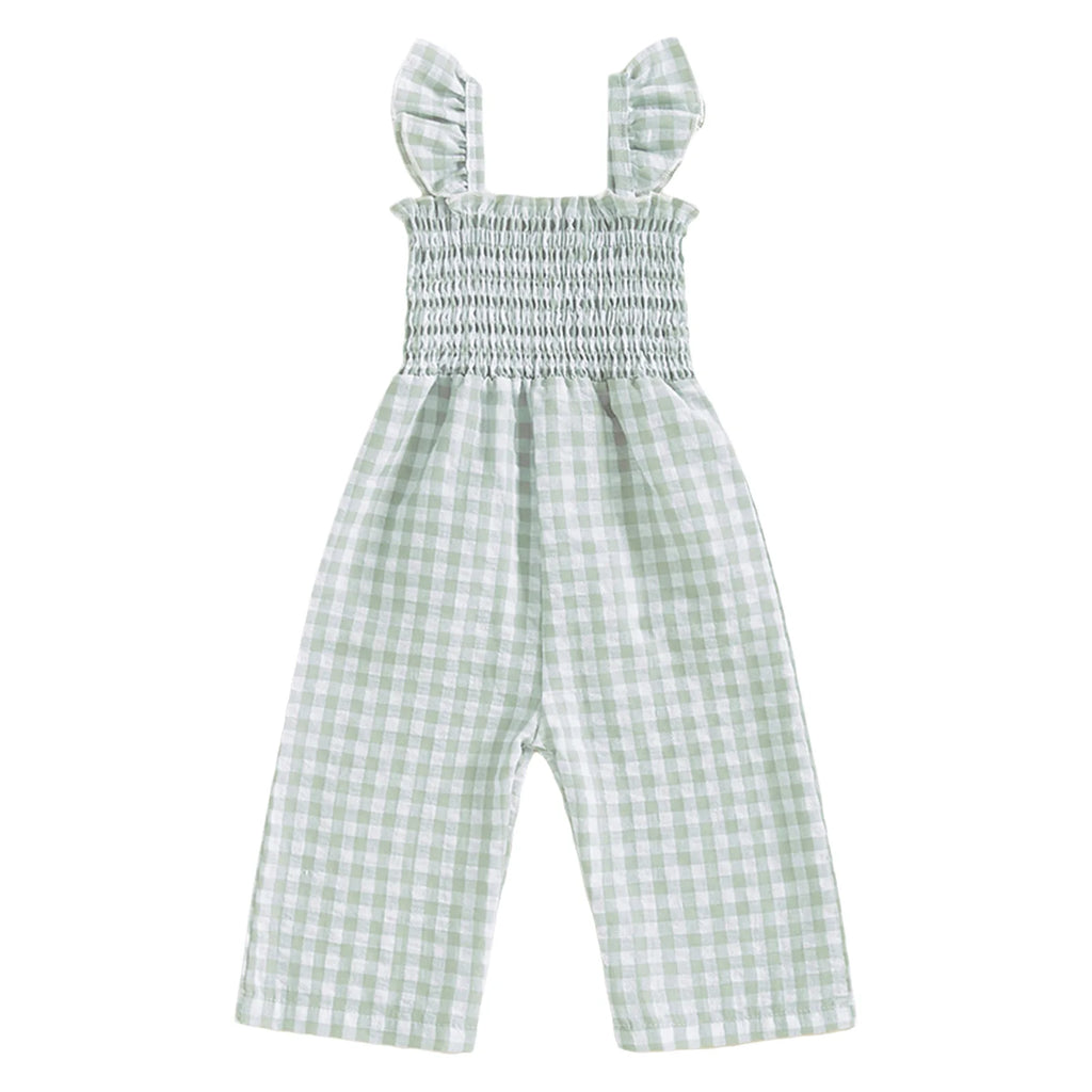 Toddler Baby Girls Summer Clothes Sweet Plaid Bodysuit Fly Sleeves Smocked Rompers Wide Leg Jumpsuit Holiday Party Daily Wear